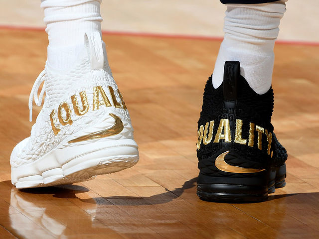 WASHINGTON, DC - DECEMBER 17: LeBron James #23 of the Cleveland Cavaliers wears Nike shoes before the game against the Washington Wizards at Capital One Arena on December 17, 2017 in Washington, DC.