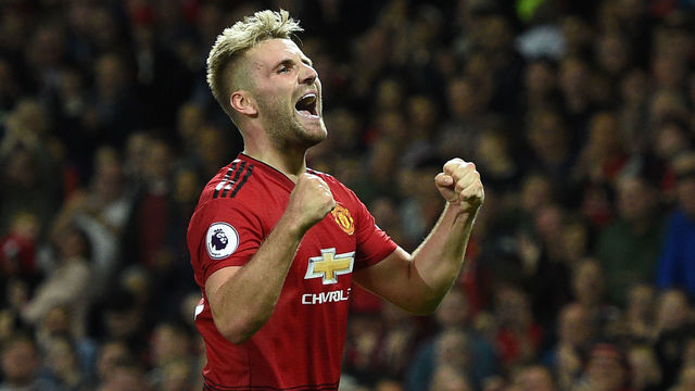 Manchester United's English defender Luke Shaw celebrates scoring the team's second goal during the English Premier League football match between Manchester United and Leicester City at Old Trafford in Manchester, north west England, on August 10, 2018.