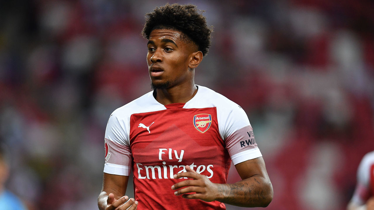 SINGAPORE - JULY 26: Reiss Nelson #48 of Arsenal looks on during the International Champions Cup 2018 match between Club Atletico de Madrid and Arsenal at the National Stadium on July 26, 2018 in Singapore.