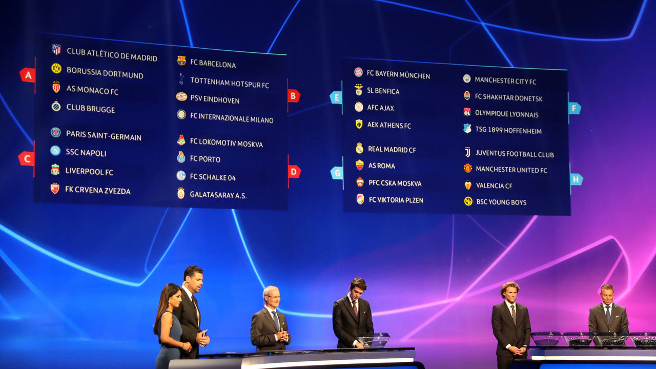A board displays the result of the draw for UEFA Champions League football tournament at The Grimaldi Forum in Monaco on August 30, 2018.