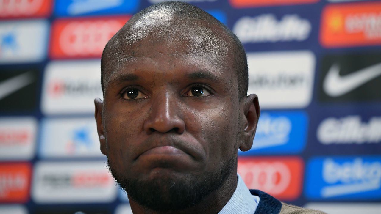 Barcelona's new technical secretary Eric Abidal gestures during his official presentation at the FC Barcelona Joan Gamper Sports Center in Sant Joan Despi, near Barcelona, on June 19, 2018