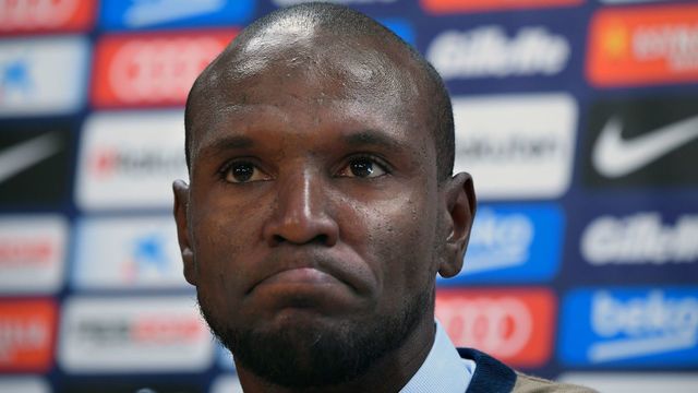 Barcelona's new technical secretary Eric Abidal gestures during his official presentation at the FC Barcelona Joan Gamper Sports Center in Sant Joan Despi, near Barcelona, on June 19, 2018
