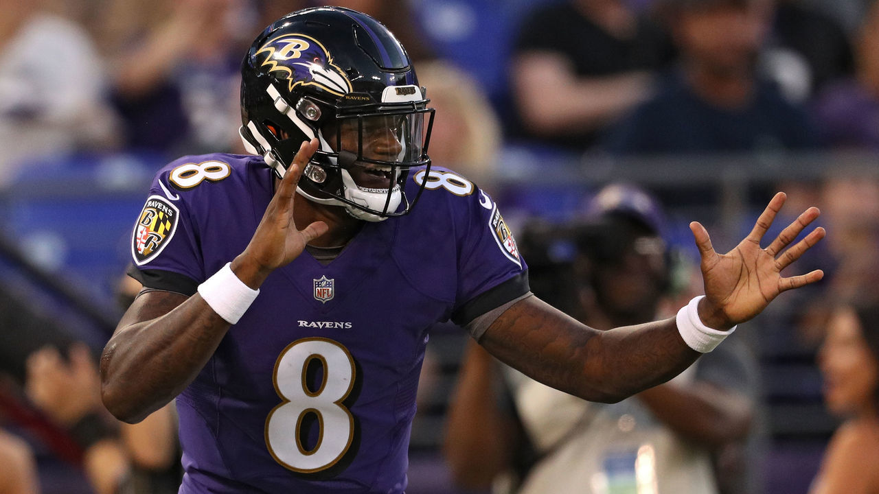 BALTIMORE, MD - AUGUST 09: Lamar Jackson #8 of the Baltimore Ravens celebrates after scoring a touchdown during the first quarter against the Los Angeles Rams during a preseason game at M&T Bank Stadium on August 9, 2018 in Baltimore, Maryland.