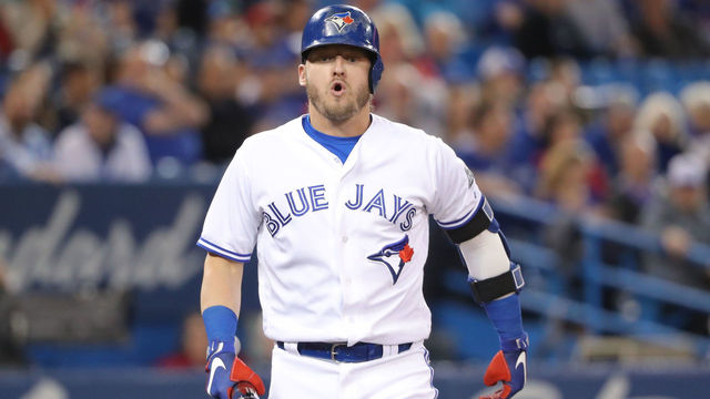 TORONTO, ON - MAY 12: Josh Donaldson #20 of the Toronto Blue Jays reacts after fouling a ball off his leg in the first inning during MLB game action against the Boston Red Sox at Rogers Centre on May 12, 2018 in Toronto, Canada.