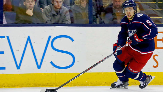 COLUMBUS, OH - MARCH 9: Artemi Panarin #9 of the Columbus Blue Jackets controls the puck during the game against the Detroit Red Wings on March 9, 2018 at Nationwide Arena in Columbus, Ohio.