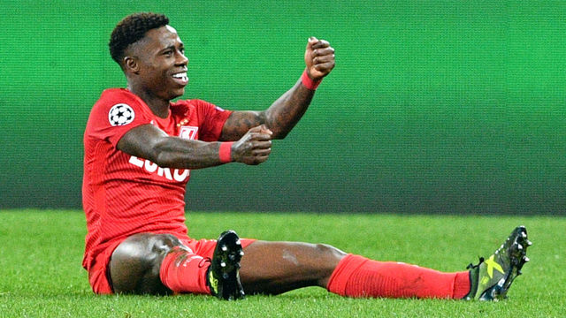 Spartak Moscow's forward from Netherlands Quincy Promes celebrates after scoring the team's fifth goal during the UEFA Champions League Group E football match between FC Spartak Moscow and Sevilla FC at the Otkrytie Arena stadium in Moscow on October 17, 2017. / AFP PHOTO / Mladen ANTONOV