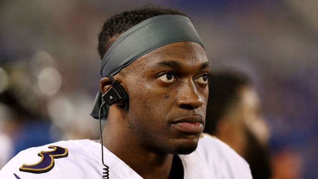 BALTIMORE, MD - AUGUST 30: Robert Griffin III #3 of the Baltimore Ravens looks on during the second half of a preseason game against the Washington Redskins at M&T Bank Stadium on August 30, 2018 in Baltimore, Maryland.