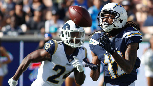 LOS ANGELES, CA - AUGUST 26: Travis Benjamin #12 of the Los Angeles Chargers completes the pass during the preseason game between the Los Angeles Rams and Los Angeles Chargers at the Los Angeles Memorial Coliseum on August 26, 2017 in Los Angeles, California.