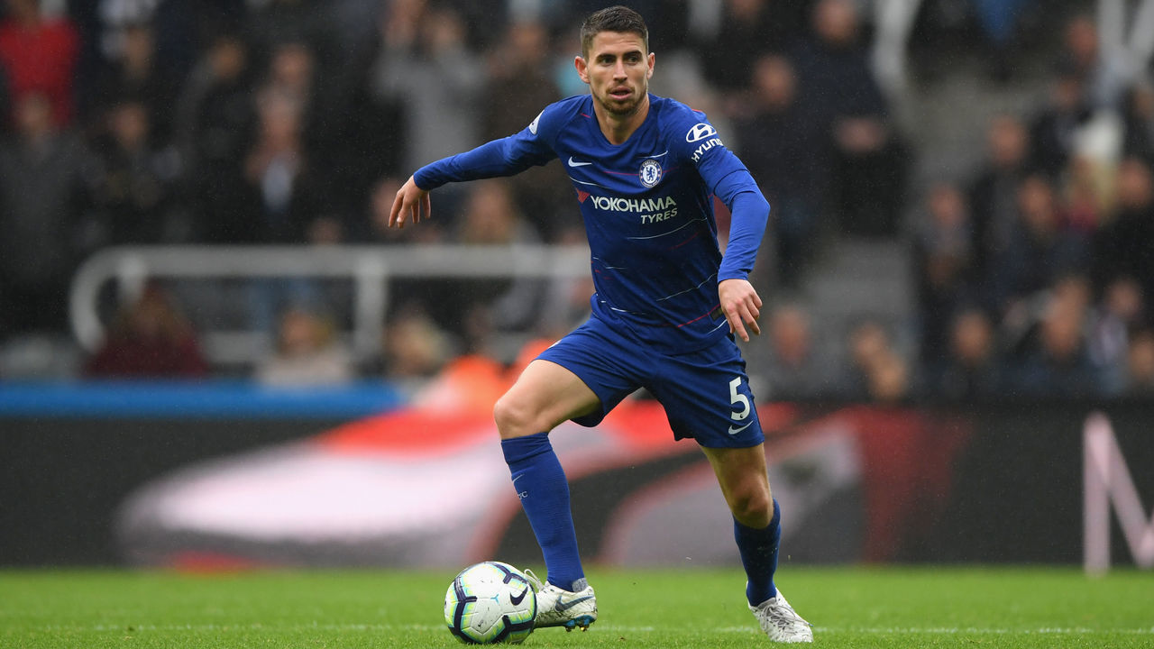 NEWCASTLE UPON TYNE, ENGLAND - AUGUST 26: Chelsea player Jorginho in action during the Premier League match between Newcastle United and Chelsea FC at St. James Park on August 26, 2018 in Newcastle upon Tyne, United Kingdom.