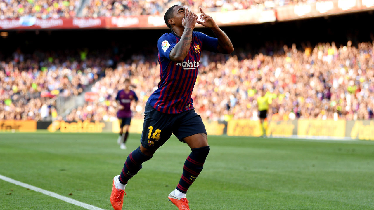 BARCELONA, SPAIN - AUGUST 15: Malcom of Barcelona celebrates scoring his sides first goal during the Joan Gamper Trophy between FC Barcelona and Boca Juniors at Camp Nou on August 15, 2018 in Barcelona, Spain.