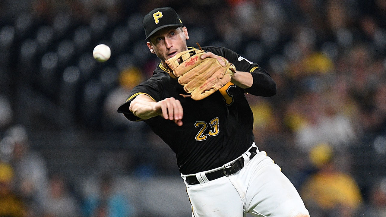 PITTSBURGH, PA - AUGUST 04: David Freese #23 of the Pittsburgh Pirates throws to first base to force out Yairo Munoz #34 of the St. Louis Cardinals in the ninth inning during the game at PNC Park on August 4, 2018 in Pittsburgh, Pennsylvania.