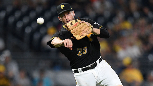 PITTSBURGH, PA - AUGUST 04: David Freese #23 of the Pittsburgh Pirates throws to first base to force out Yairo Munoz #34 of the St. Louis Cardinals in the ninth inning during the game at PNC Park on August 4, 2018 in Pittsburgh, Pennsylvania.