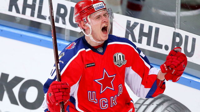 MOSCOW, RUSSIA - JANUARY 9, 2018: CSKA Moscow's Sergei Shumakov celebrates scoring in a 2017/18 KHL Regular Season ice hockey match against Avtomobilist Yekaterinburg at the CSKA Ice Palace. HC CSKA Moscow won 4-3. Anton Novoderezhkin/TASS