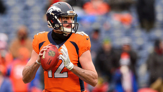 DENVER, CO - DECEMBER 31: Quarterback Paxton Lynch #12 of the Denver Broncos throws as he warms up before a game against the Kansas City Chiefs at Sports Authority Field at Mile High on December 31, 2017 in Denver, Colorado.