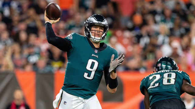 CLEVELAND, OH - AUGUST 23: Starting quarterback Nick Foles #9 of the Philadelphia Eagles passes during the first half of a preseason game against the Cleveland Browns at FirstEnergy Stadium on August 23, 2018 in Cleveland, Ohio.
