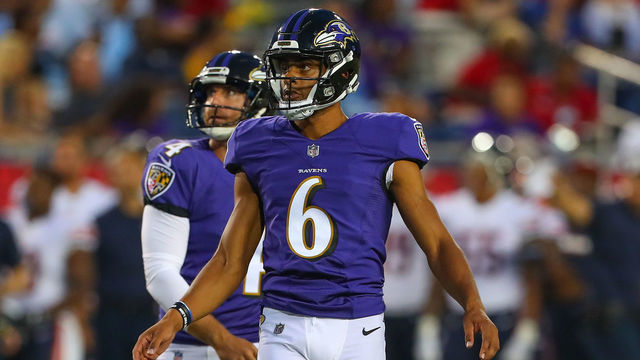 CANTON, OH - AUGUST 02: Baltimore Ravens punter Kaare Vedvik (6) makes a field goal during the National Football League Hall of Fame Game between the Chicago Bears and the Baltimore Ravens on August 2, 2018 at Tom Benson Hall of Fame Stadium in Canton, Ohi0.