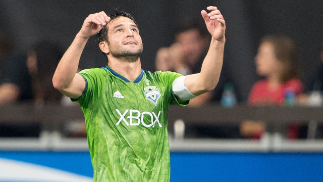 ATLANTA, GA - JULY 15: Nicolas Lodeiro #10 of Seattle Sounders FC 2 celebrates after scoring a goal against the Atlanta United during the game at Mercedes-Benz Stadium on July 15, 2018 in Atlanta, Georgia.
