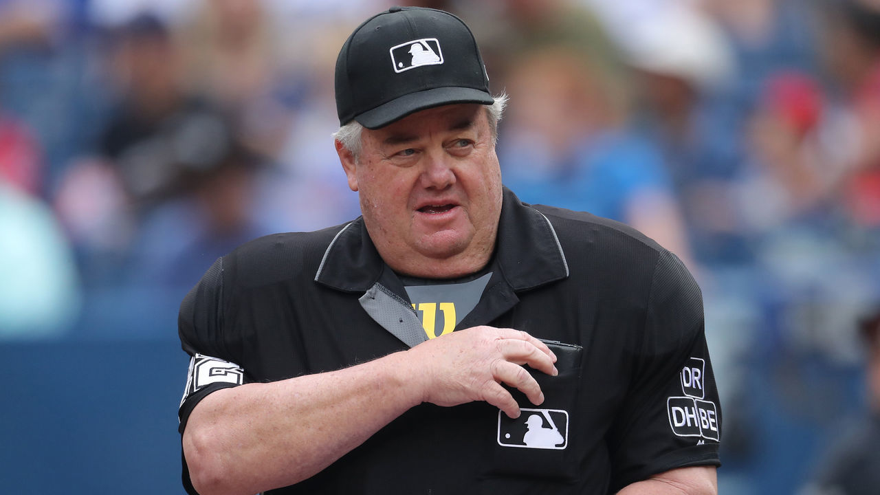 TORONTO, ON - JULY 21: Home plate umpire Joe West #22 during the Toronto Blue Jays MLB game against the Baltimore Orioles at Rogers Centre on July 21, 2018 in Toronto, Canada.