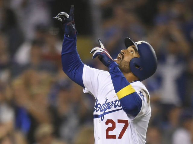 LOS ANGELES, CA - SEPTEMBER 01: Matt Kemp #27 of the Los Angeles Dodgers reacts to hitting a three run home run against the Arizona Diamondbacks in the eighth inning at Dodger Stadium on September 1, 2018 in Los Angeles, California.