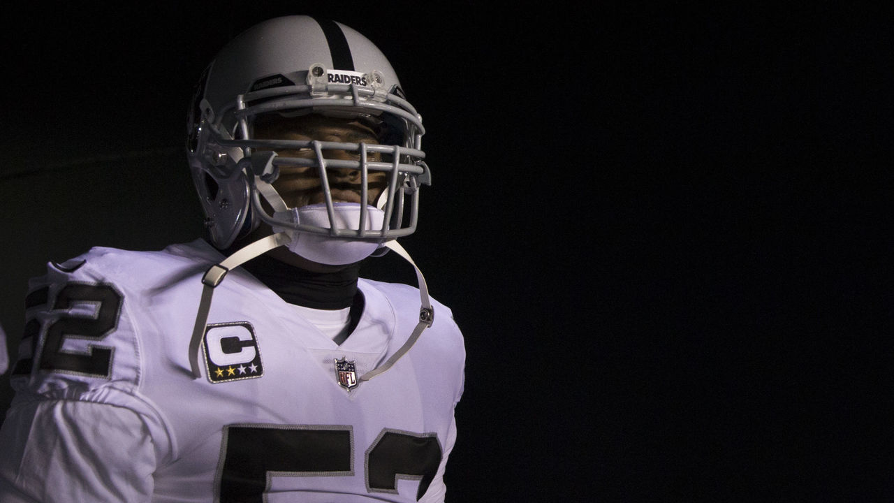 PHILADELPHIA, PA - DECEMBER 25: Khalil Mack #52 of the Oakland Raiders walks onto the field prior to the game against the Philadelphia Eagles at Lincoln Financial Field on December 25, 2017 in Philadelphia, Pennsylvania.