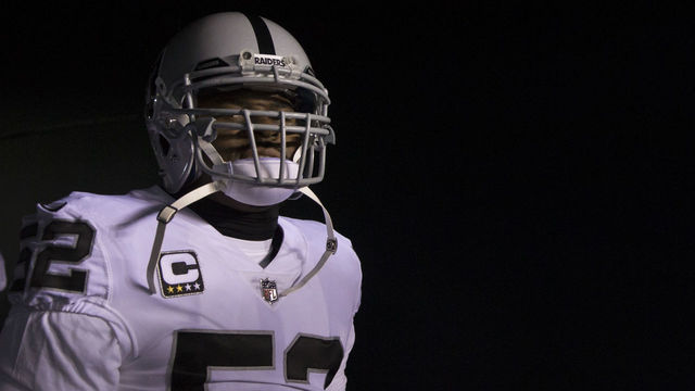 PHILADELPHIA, PA - DECEMBER 25: Khalil Mack #52 of the Oakland Raiders walks onto the field prior to the game against the Philadelphia Eagles at Lincoln Financial Field on December 25, 2017 in Philadelphia, Pennsylvania.