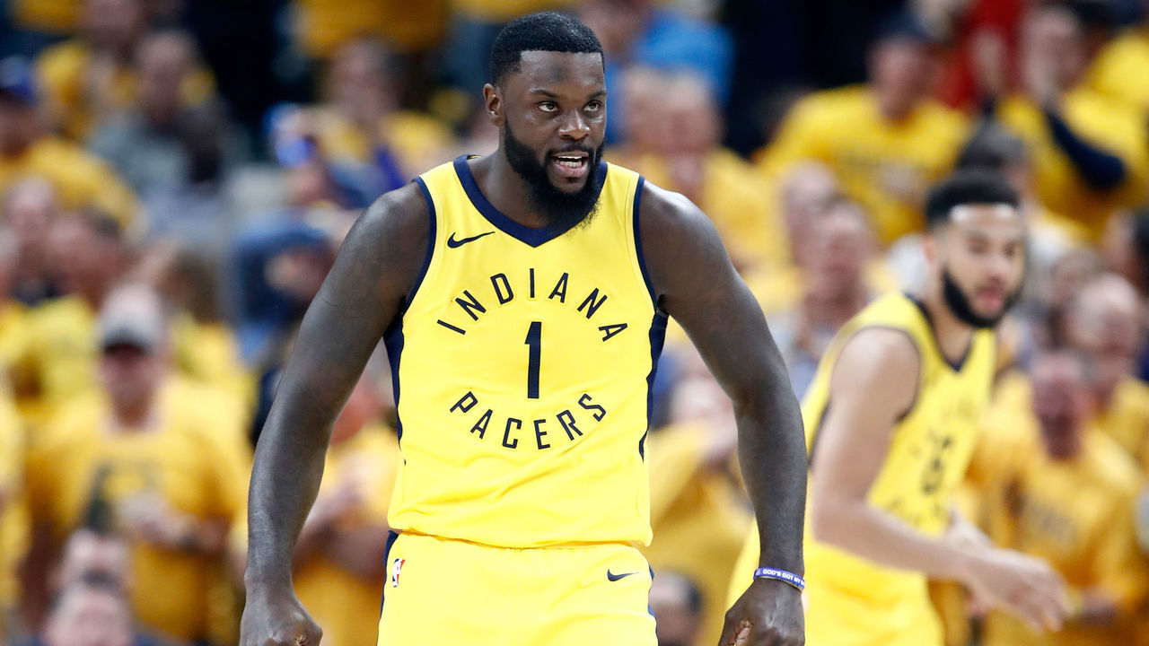INDIANAPOLIS, IN - APRIL 27: Lance Stephenson #1 of the Indiana Pacers celebrates against the Cleveland Cavaliers in Game Six of the Eastern Conference Quarterfinals during the 2018 NBA Playoffs at Bankers Life Fieldhouse on April 27, 2018 in Indianapolis, Indiana.