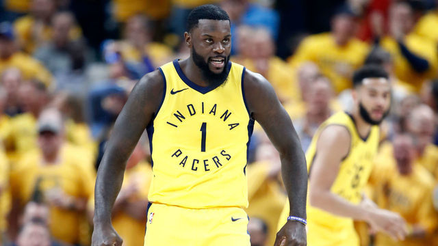 INDIANAPOLIS, IN - APRIL 27: Lance Stephenson #1 of the Indiana Pacers celebrates against the Cleveland Cavaliers in Game Six of the Eastern Conference Quarterfinals during the 2018 NBA Playoffs at Bankers Life Fieldhouse on April 27, 2018 in Indianapolis, Indiana.