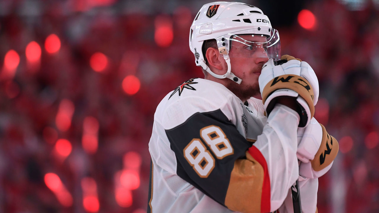 WASHINGTON, DC - JUNE 02: Nate Schmidt #88 of the Vegas Golden Knights looks on before playing Game Three of the 2018 NHL Stanley Cup Final against the Washington Capitals at Capital One Arena on June 2, 2018 in Washington, DC.