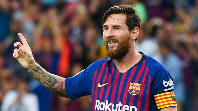 BARCELONA, SPAIN - SEPTEMBER 02: Lionel Messi of FC Barcelona celebrates after scoring his team's sixth goal during the La Liga match between FC Barcelona and SD Huesca at Camp Nou on September 2, 2018 in Barcelona, Spain.