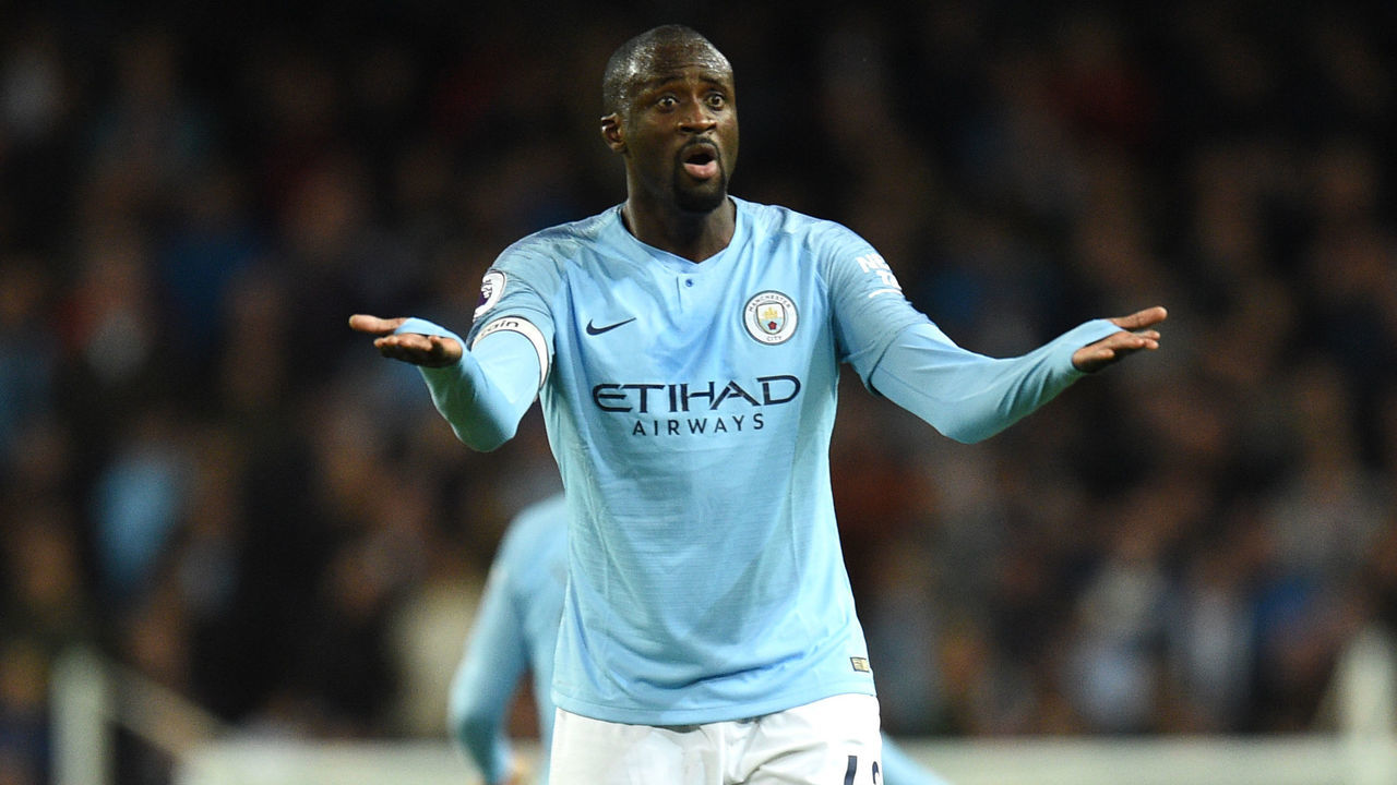 Manchester City's Ivorian midfielder Yaya Toure reacts to a decision by the referee during the English Premier League football match between Manchester City and Brighton and Hove Albion at the Etihad Stadium in Manchester, north west England, on May 9, 2018.