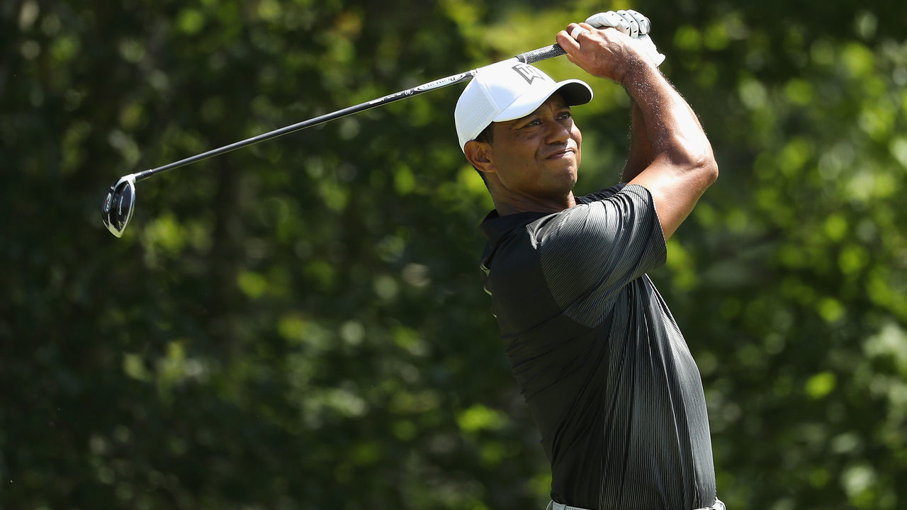 NORTON, MA - SEPTEMBER 02: Tiger Woods of the United States plays his shot from the fourth tee during round three of the Dell Technologies Championship at TPC Boston on September 2, 2018 in Norton, Massachusetts.