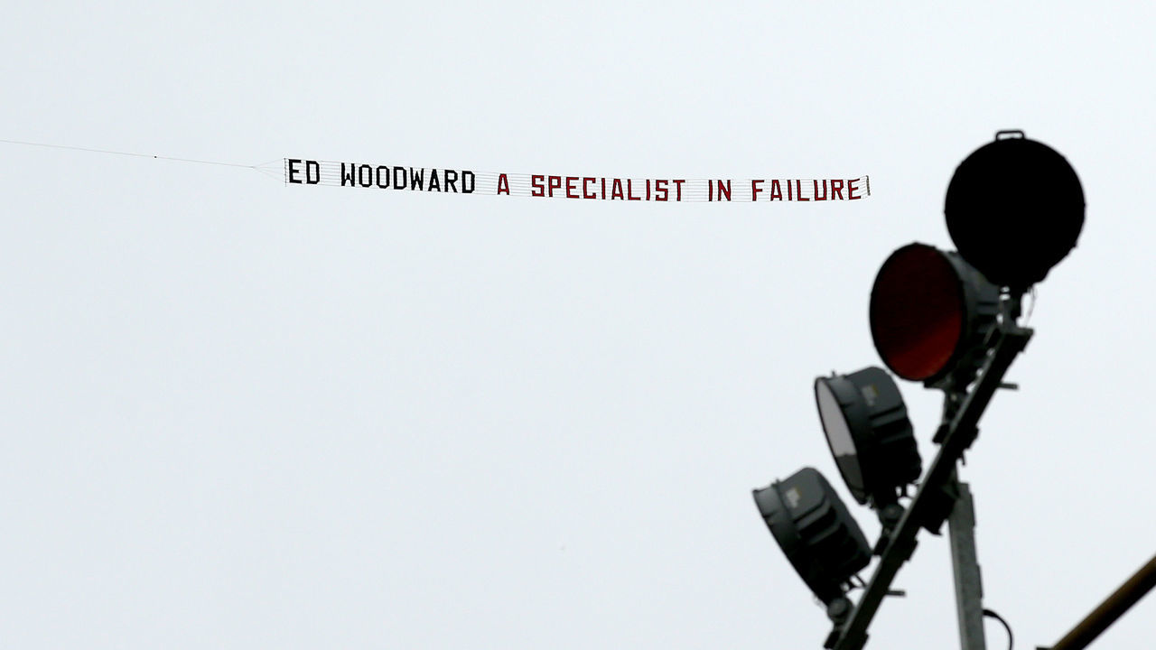 BURNLEY, ENGLAND - SEPTEMBER 02: A banner reading 'Ed Woodward a specialist in failure!' is flown over the stadium prior to the Premier League match between Burnley FC and Manchester United at Turf Moor on September 2, 2018 in Burnley, United Kingdom.