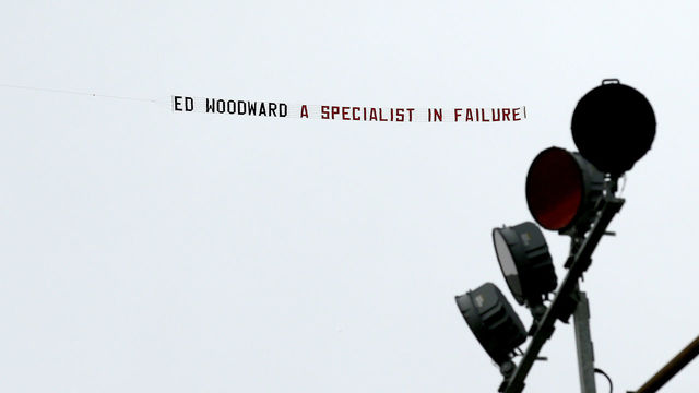 BURNLEY, ENGLAND - SEPTEMBER 02: A banner reading 'Ed Woodward a specialist in failure!' is flown over the stadium prior to the Premier League match between Burnley FC and Manchester United at Turf Moor on September 2, 2018 in Burnley, United Kingdom.