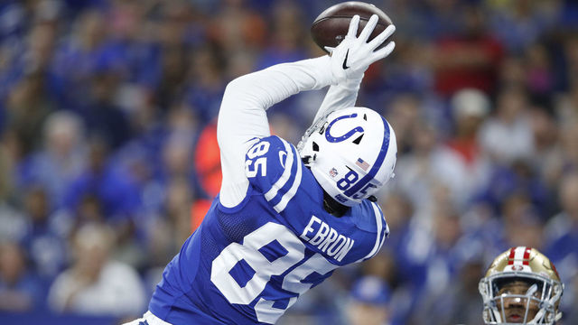 INDIANAPOLIS, IN - AUGUST 25: Eric Ebron #85 of the Indianapolis Colts makes a 15-yard touchdown reception in front of Ahkello Witherspoon #23 of the San Francisco 49ers in the second quarter of a preseason game at Lucas Oil Stadium on August 25, 2018 in Indianapolis, Indiana.