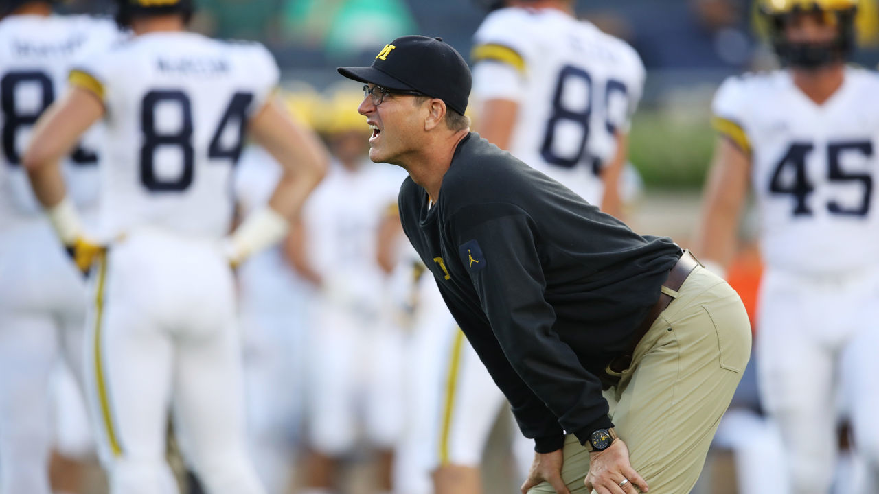 SOUTH BEND, IN - SEPTEMBER 01: Head coach Jim Harbaugh of the Michigan Wolverines looks on prior to their game against the Notre Dame Fighting Irish at Notre Dame Stadium on September 1, 2018 in South Bend, Indiana.