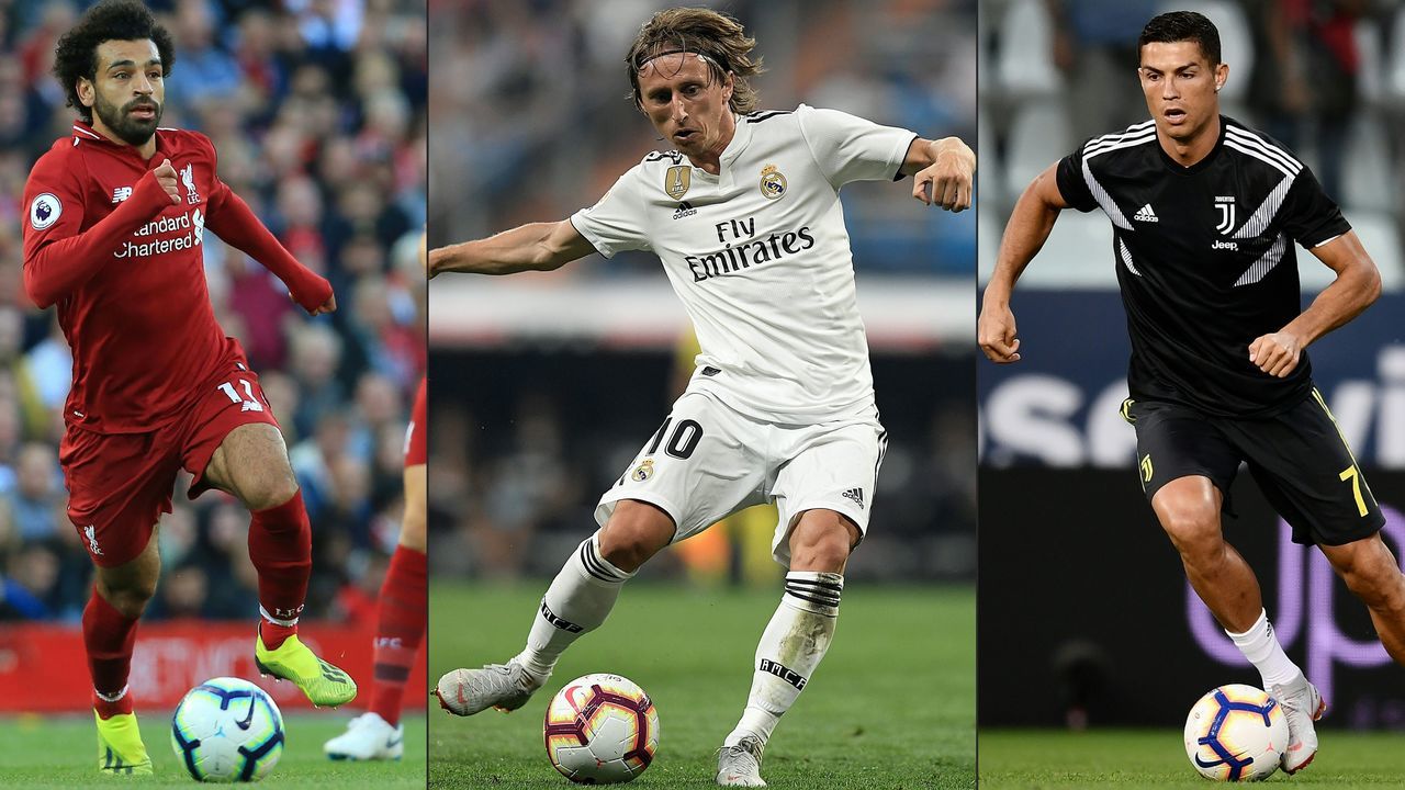 (COMBO) This combination of pictures created on September 3, 2018 shows (LtoR) Liverpool's Egyptian midfielder Mohamed Salah as he controls the ball during the English Premier League football match between Liverpool and Brighton and Hove Albion at Anfield in Liverpool, north west England on August 25, 2018, Real Madrid's Croatian midfielder Luka Modric as he controls the ball during the Spanish league football match between Real Madrid CF and Club Deportivo Leganes SAD at the Santiago Bernabeu stadium in Madrid on September 1, 2018, and Juventus' Portuguese forward Cristiano Ronaldo warming up ahead of the Italian Serie A football match Parma vs Juventus on September 1, 2018 at Ennio Tardini stadium in Parma. - Cristiano Ronaldo faces stiff competition from former Real Madrid team-mate Luka Modric and Egypt's Mohamed Salah to be crowned FIFA's player of the year for a sixth time. Ronaldo was the competition's top scorer in lifting a fourth Champions League title in five years before heading for pastures new with Juventus in July. (Photos by AFP) / RESTRICTED TO EDITORIAL USE. No use with unauthorized audio, video, data, fixture lists, club/league logos or 'live' services. Online in-match use limited to 120 images. An additional 40 images may be used in extra time. No video emulation. Social media in-match use limited to 120 images. An additional 40 images may be used in extra time. No use in betting publications, games or single club/league/player publications. /