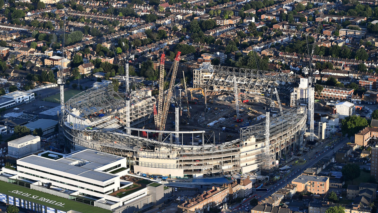 LONDON, ENGLAND - JULY 12: An aerial view of the White Hart Lane stadium as construction work continues on July 12, 2017 in London, England.