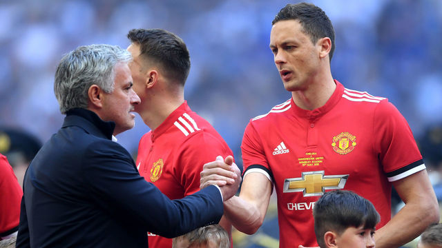 LONDON, ENGLAND - MAY 19: Jose Mourinho, Manager of Manchester United shakes hands with Nemanja Matic of Manchester United prior to The Emirates FA Cup Final between Chelsea and Manchester United at Wembley Stadium on May 19, 2018 in London, England.