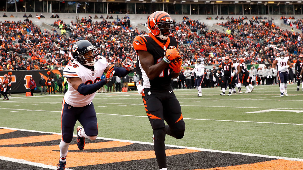 CINCINNATI, OH - DECEMBER 10: Brandon LaFell #11 of the Cincinnati Bengals makes a touchdown catch in the end zone defended by Deon Bush #26 of the Chicago Bears during the first half at Paul Brown Stadium on December 10, 2017 in Cincinnati, Ohio.