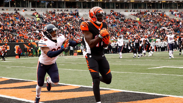 CINCINNATI, OH - DECEMBER 10: Brandon LaFell #11 of the Cincinnati Bengals makes a touchdown catch in the end zone defended by Deon Bush #26 of the Chicago Bears during the first half at Paul Brown Stadium on December 10, 2017 in Cincinnati, Ohio.