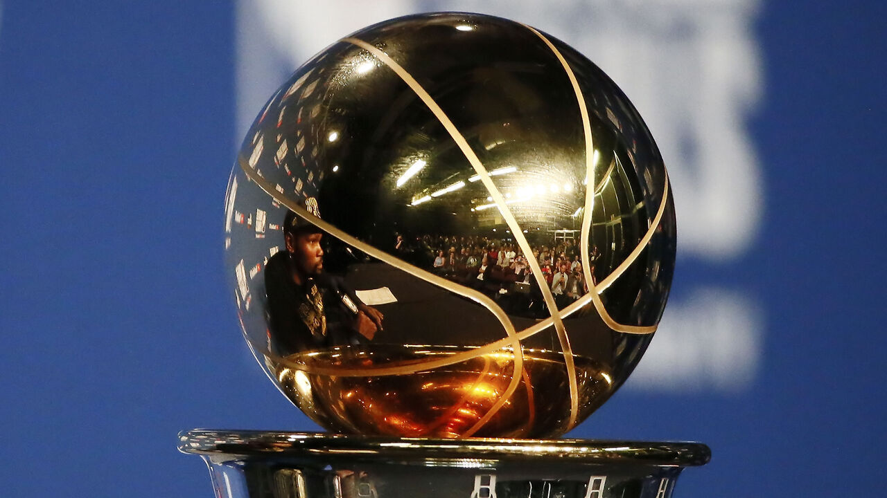CLEVELAND, CA - JUN 8: the Larry O'Brien trophy is seen at the post game media session after the Golden State Warriors defeating the Cleveland Cavaliers for the NBA Championship in Game Four of the 2018 NBA Finals won 108-85 by the Golden State Warriors over the Cleveland Cavaliers at the Quicken Loans Arena on June 6, 2018 in Cleveland, Ohio. Mandatory Copyright Notice: Copyright 2018 NBAE