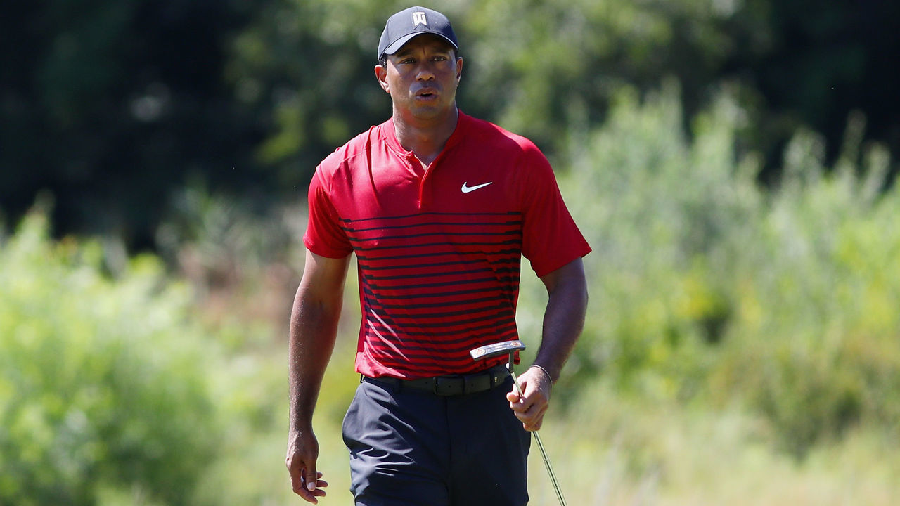 NORTON, MA - SEPTEMBER 03: Tiger Woods of the United States reacts on the second green during the final round of the Dell Technologies Championship at TPC Boston on September 3, 2018 in Norton, Massachusetts.