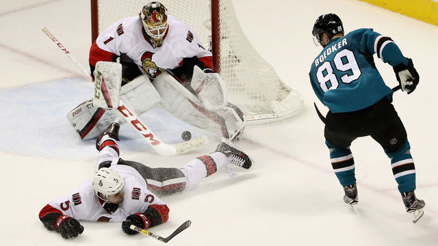 SAN JOSE, CA - DECEMBER 07: Cody Ceci #5 and Mike Condon #1 of the Ottawa Senators stop Mikkel Boedker #89 of the San Jose Sharks from scoring in the third period at SAP Center on December 7, 2016 in San Jose, California.