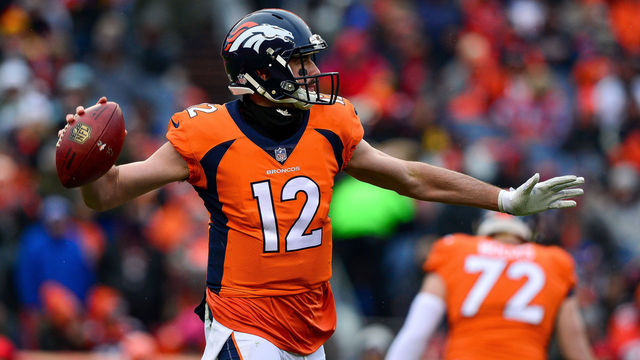 DENVER, CO - DECEMBER 31: Quarterback Paxton Lynch #12 of the Denver Broncos passes against the Kansas City Chiefs in the second quarter of a game at Sports Authority Field at Mile High on December 31, 2017 in Denver, Colorado.