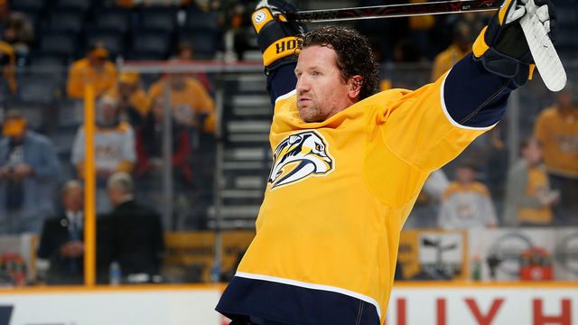 NASHVILLE, TN - APRIL 7: Scott Hartnell #17 of the Nashville Predators stretches in warmups prior to an NHL game against the Columbus Blue Jackets at Bridgestone Arena on April 7, 2018 in Nashville, Tennessee. *** Local Caption *** Scott Hartnell