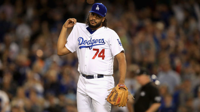 LOS ANGELES, CA - JUNE 25: Kenley Jansen #74 of the Los Angeles Dodgers looks on during a game against the Chicago Cubs at Dodger Stadium on June 25, 2018 in Los Angeles, California.