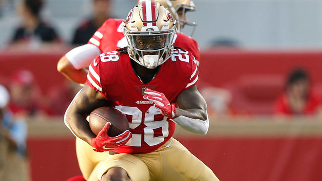 SANTA CLARA, CA - AUGUST 9: Jerick McKinnon #28 of the San Francisco 49ers rushes during the game against the Dallas Cowboys at Levi Stadium on August 9, 2018 in Santa Clara, California. The 49ers defeated the Cowboys 24-21.