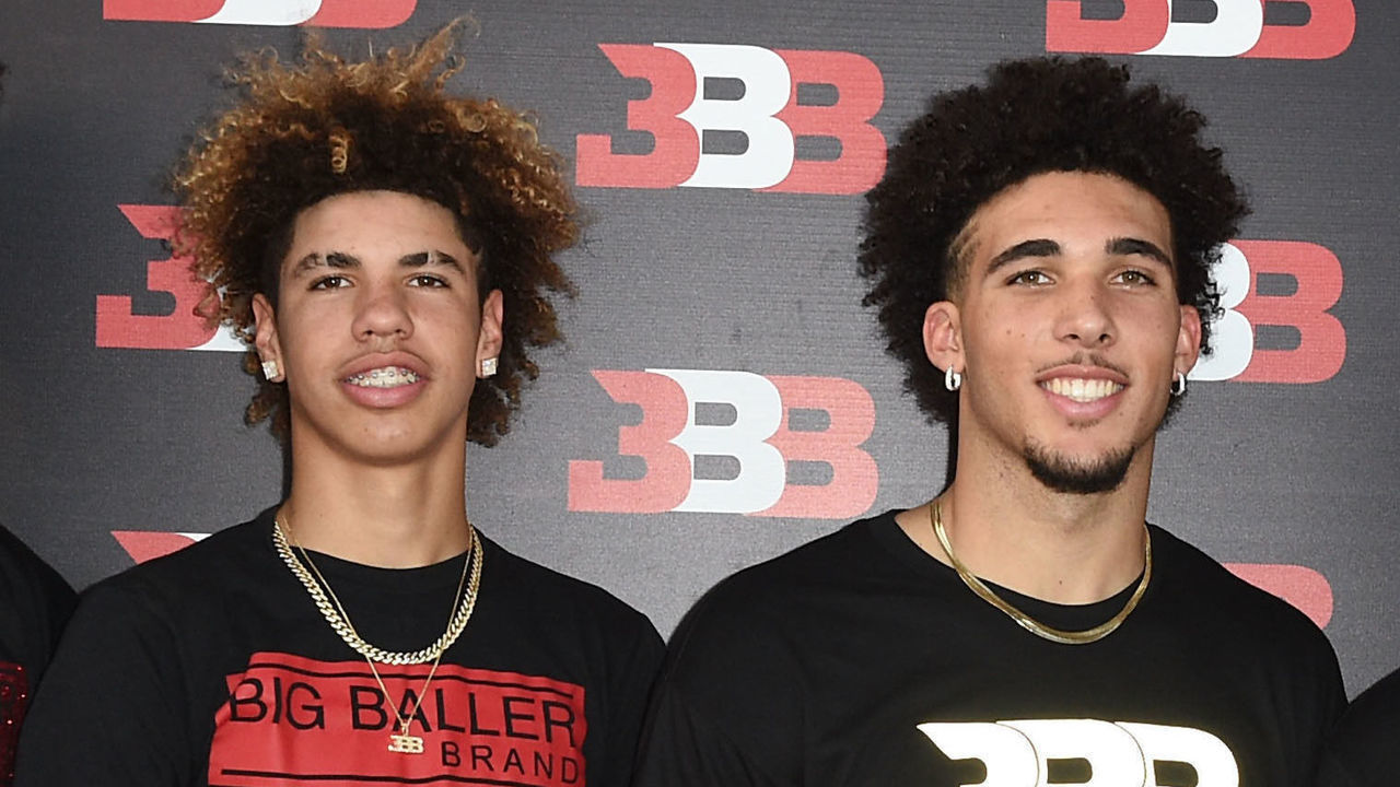 CHINO, CA - SEPTEMBER 02: (L-R) Lonzo Ball, LaMelo Ball, LiAngelo Ball and Darren Moore attend Melo Ball's 16th Birthday on September 2, 2017 in Chino, California.