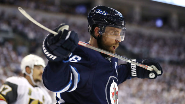WINNIPEG, MB - MAY 14: Blake Wheeler #26 of the Winnipeg Jets reacts after missing a shot against the Vegas Golden Knights during the second period in Game Two of the Western Conference Finals during the 2018 NHL Stanley Cup Playoffs at Bell MTS Place on May 14, 2018 in Winnipeg, Canada.