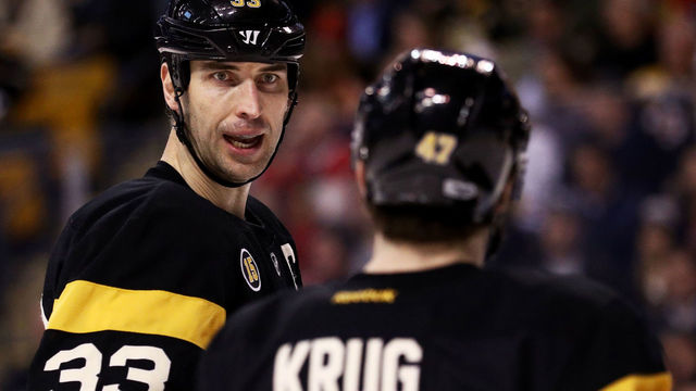 BOSTON, MA - JANUARY 20: Zdeno Chara #33 of the Boston Bruins talks with Torey Krug #47 during the second period against the Chicago Blackhawks at TD Garden on January 20, 2017 in Boston, Massachusetts.